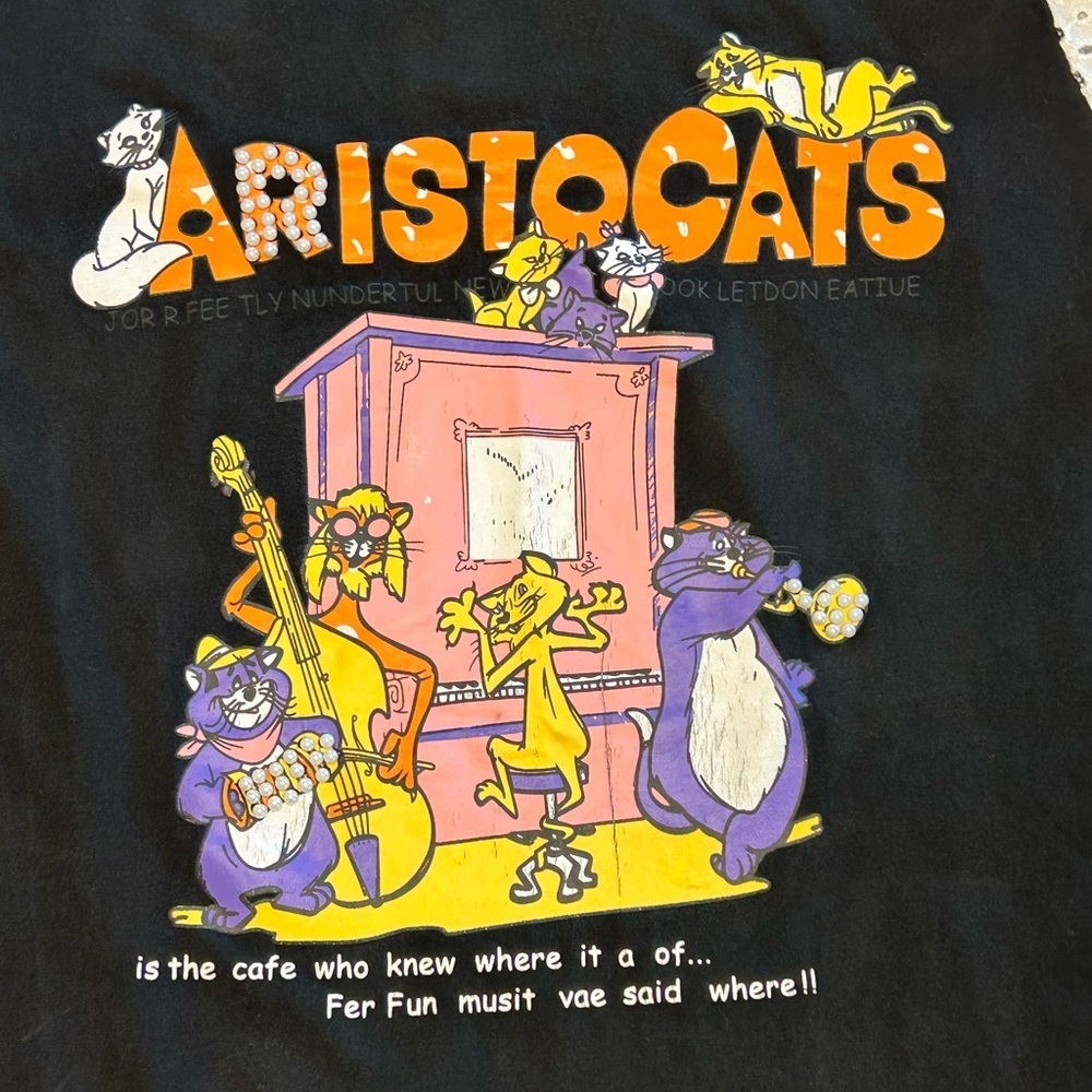 Disney Aristocats Upcycled Shirt Cold Shoulder Eyelet Lace Puff Sleeve Blk Cat L - Picture 4 of 9